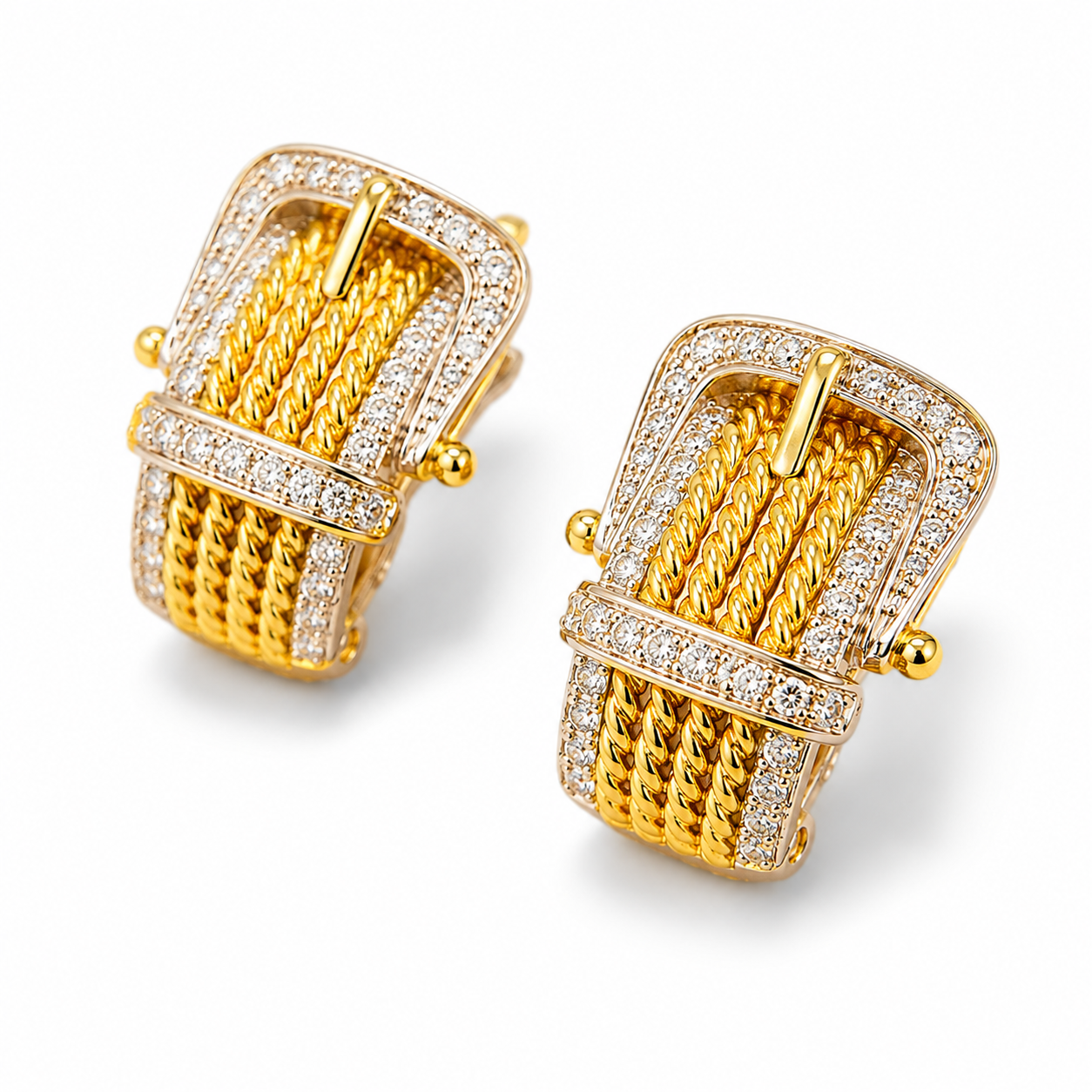 14K Two Tone Gold Estate Diamond Buckle French Clip Earrings