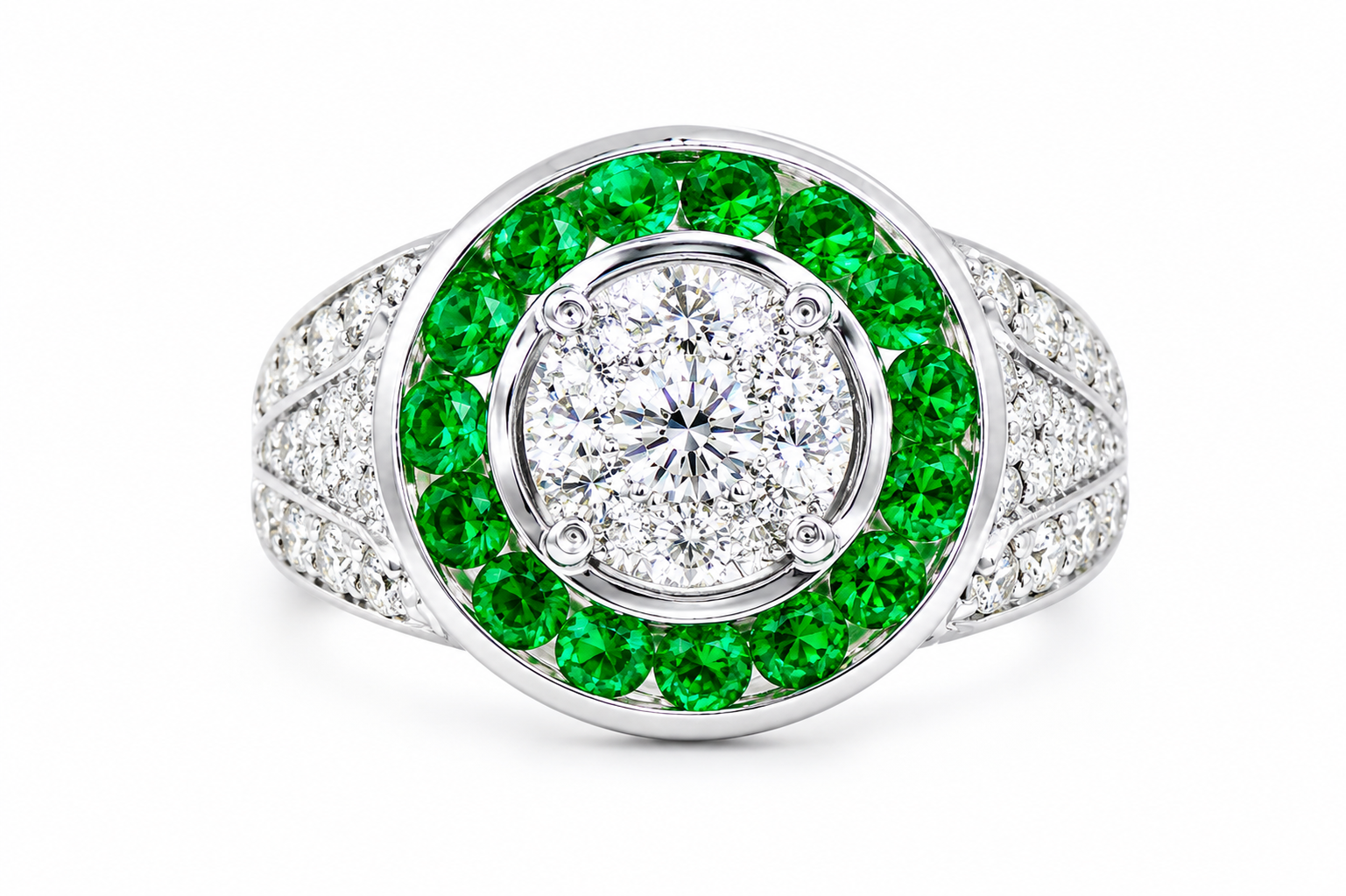 18K White Gold Diamond Emerald Art Deco Ring Band
