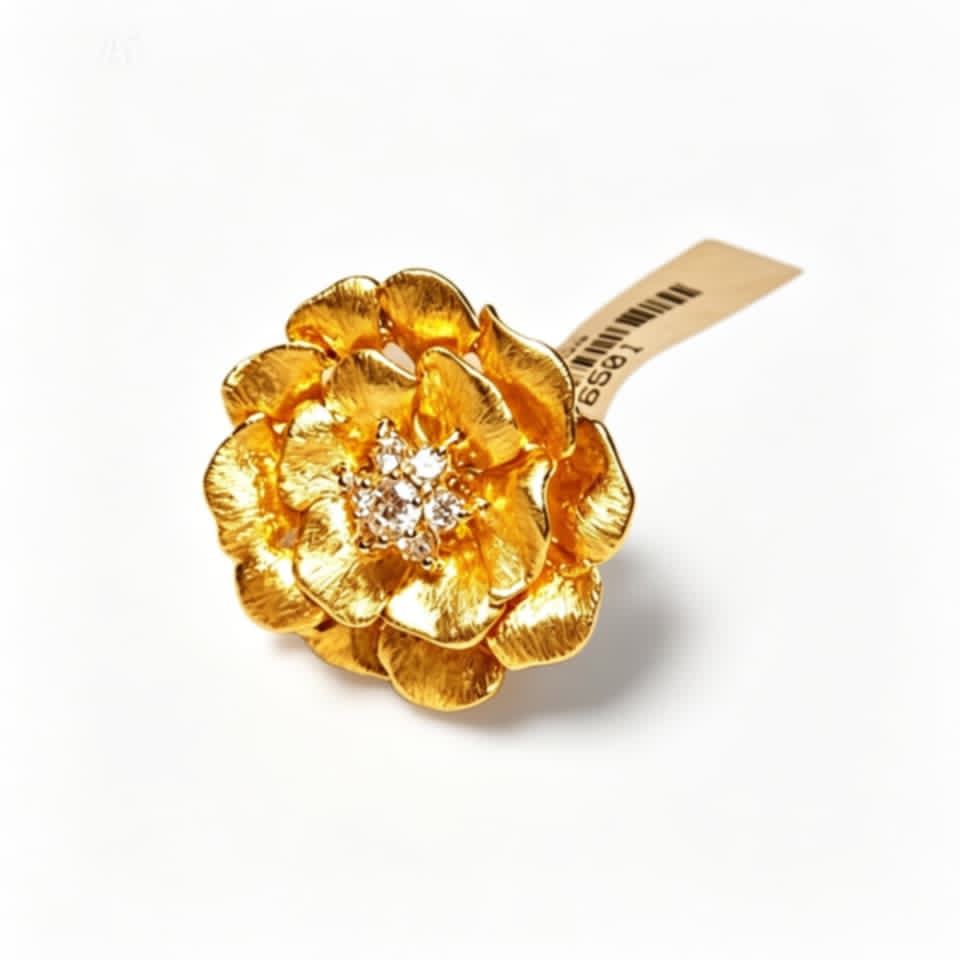 14K Yellow Brushed Gold Diamond Floral Cocktail Ring Estate
