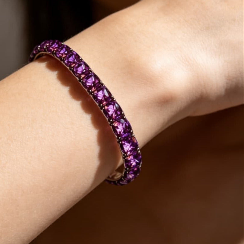 Sterling Silver 925 Cushion Cut Natural Amethyst Flexible Bracelet
