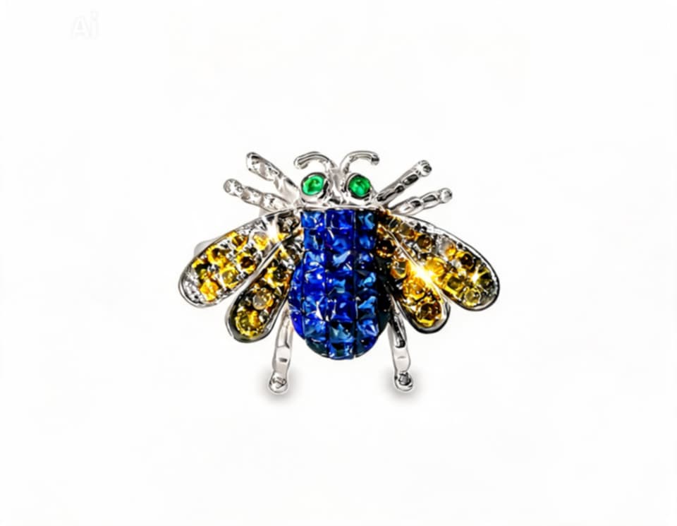 18K White Gold Sapphire Champagne Diamond Emerald Bee Fly Ring Estate