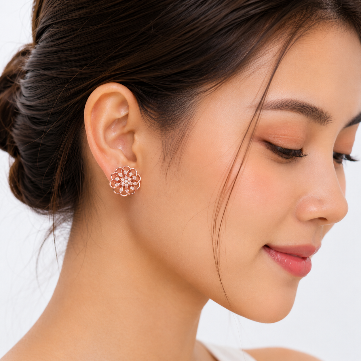 14K Rose Gold Diamond Floral Leverback Earrings