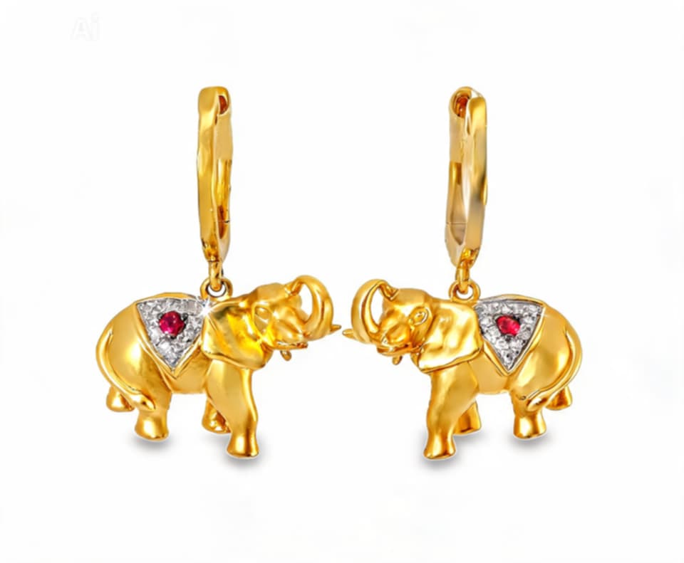 14K Yellow Gold Diamond Ruby Elephant Drop Earrings Estate