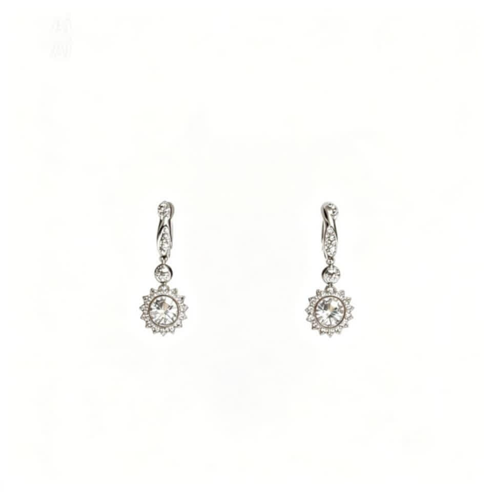 14K White Gold Pave Diamond Sunflower Drop Earrings Estate