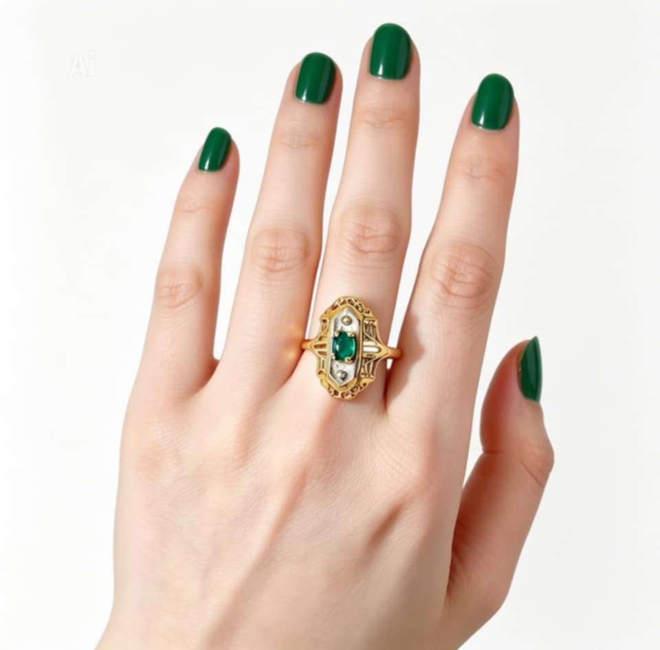 Antique 14K Yellow Gold Emerald Diamond Filigree Ring Estate