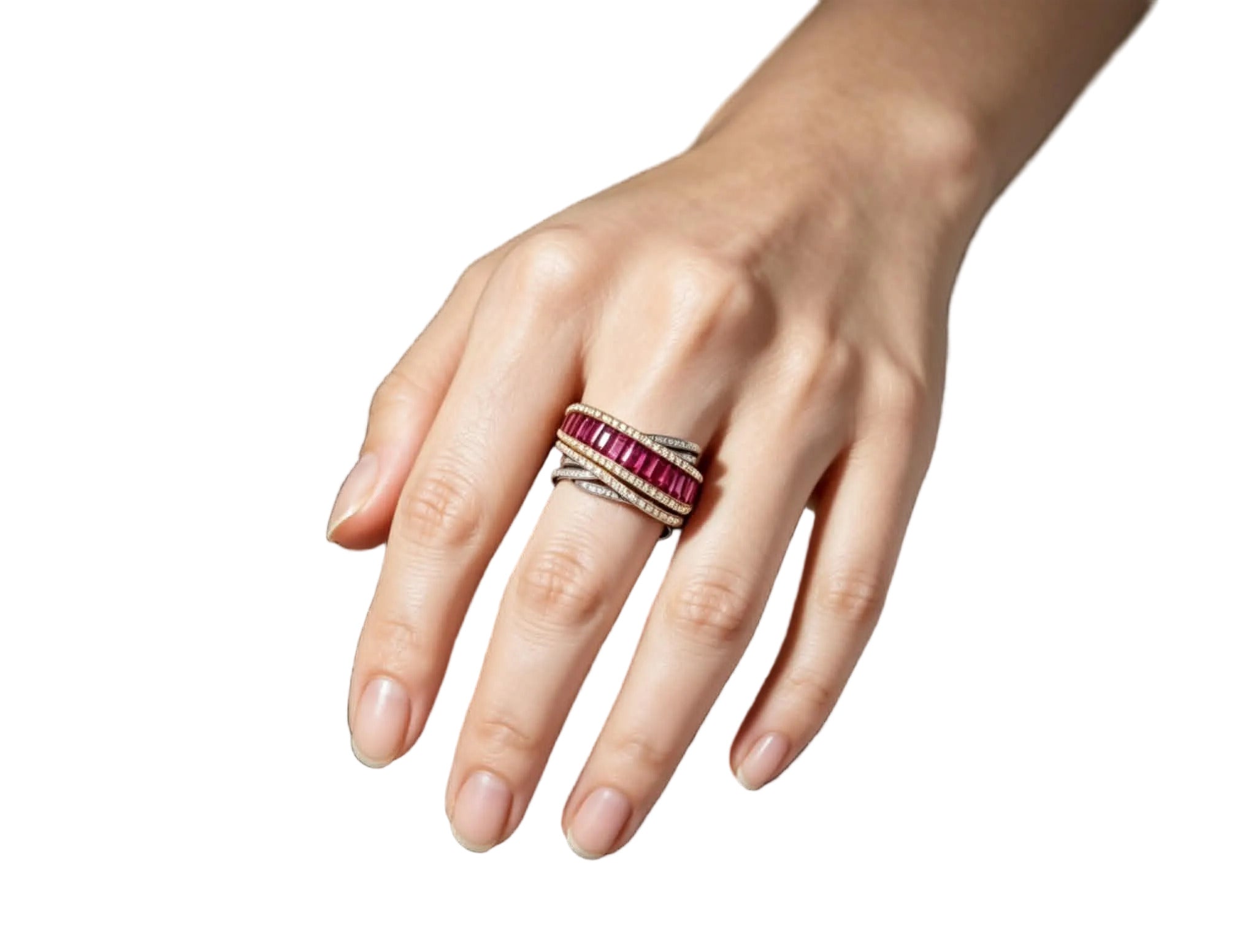 14K Two Tone Gold Baguette Ruby Diamond Wide Band Ring Estate by EFFY