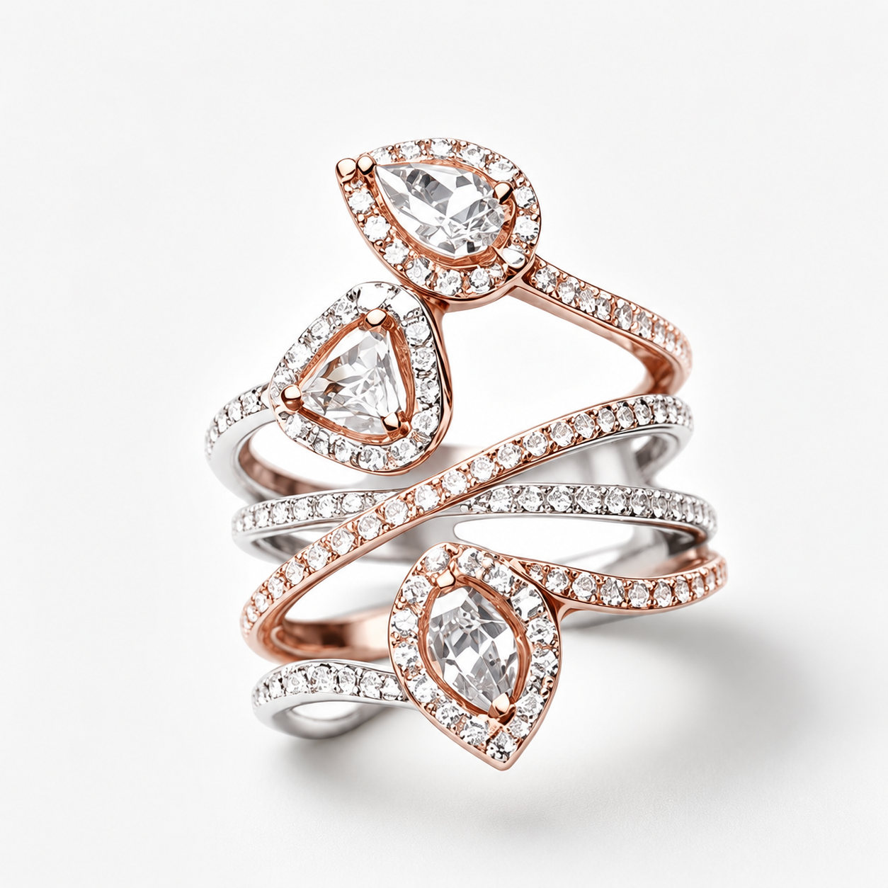 18K White & Pink Gold Designer Diamond Pave Wide Band Ring