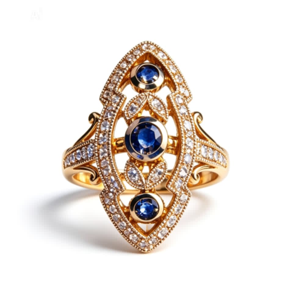 14K Yellow Gold Sapphire Diamond Filigree Cocktail Ring Estate