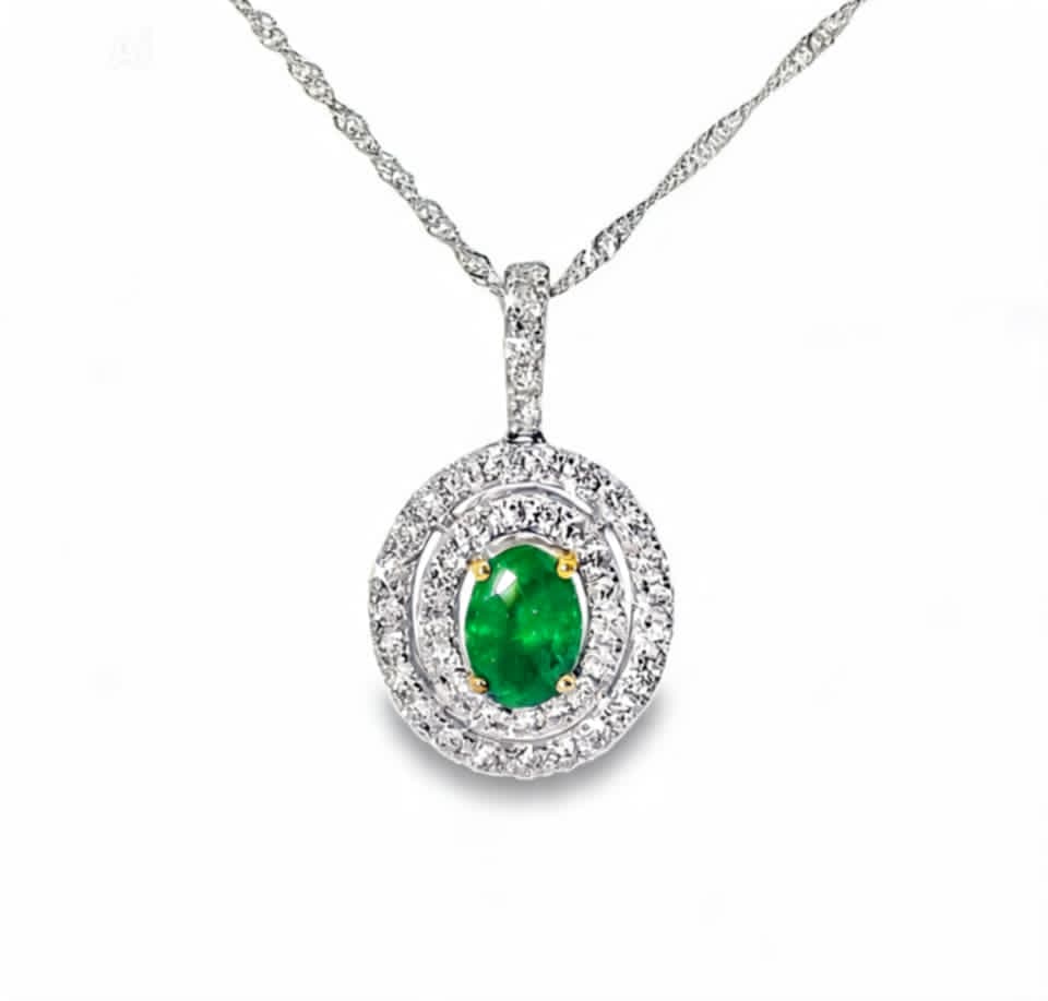 14K White Gold Oval Emerald Diamond Drop Pendant Necklace Estate