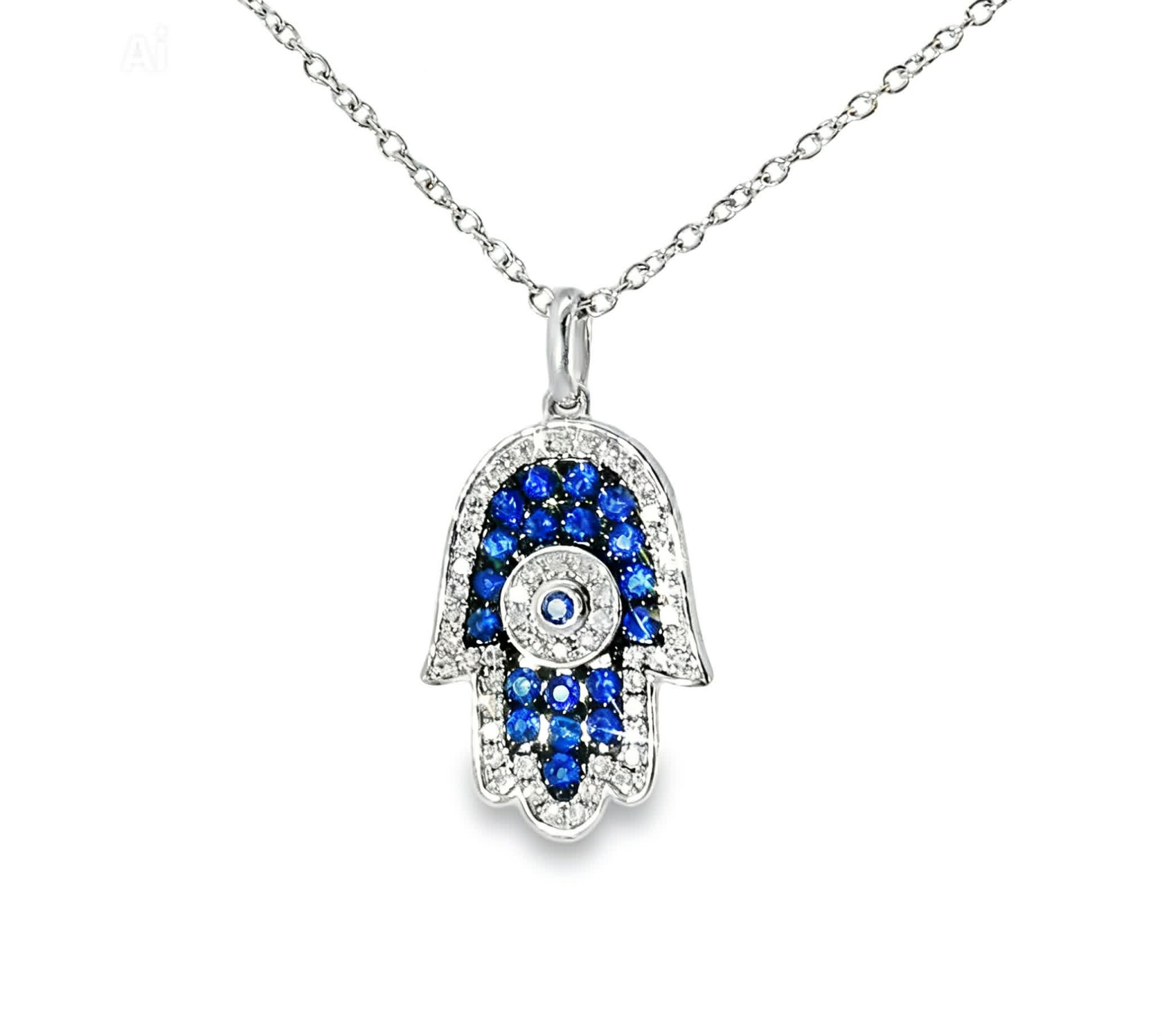 14K White Gold Hamsa Sapphire Diamond Pendant Estate