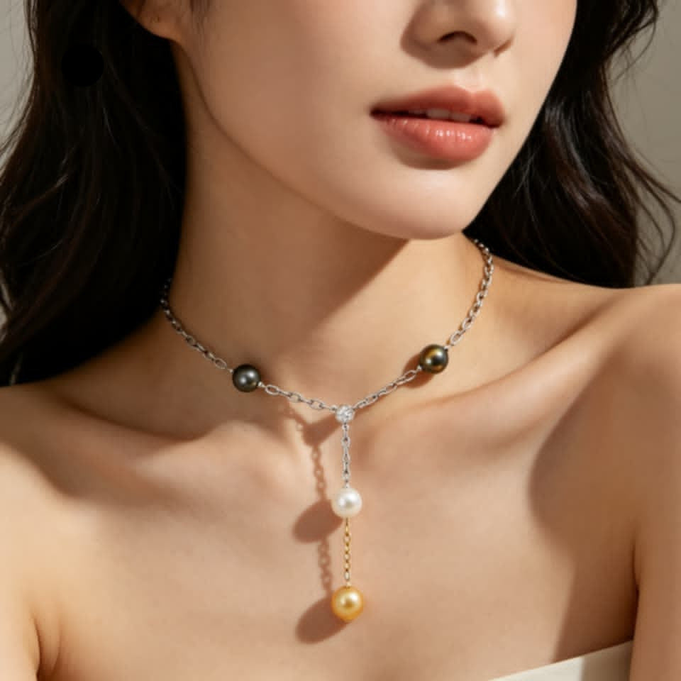 18K White Gold Diamond Gemstone Tahitian Pearl Pendant Necklace Estate