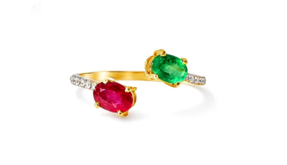 18K Gold Diamond Ruby Emerald Sapphire Duo Bypass Ring Estate