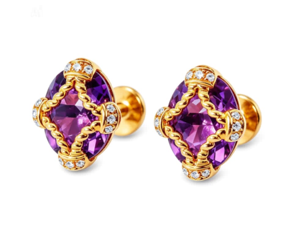 14K Rose Gold Amethyst Diamond Stud Earrings Estate by EFFY