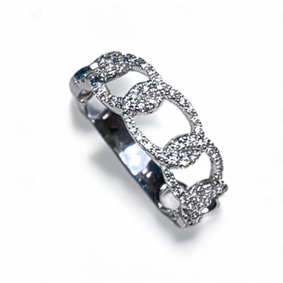 14K White Gold Diamond Swirl Cuban Chain Link Band Ring