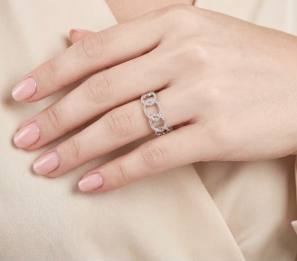 14K White Gold Diamond Swirl Cuban Chain Link Band Ring
