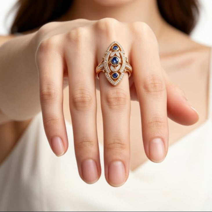 14K Yellow Gold Sapphire Diamond Filigree Cocktail Ring Estate