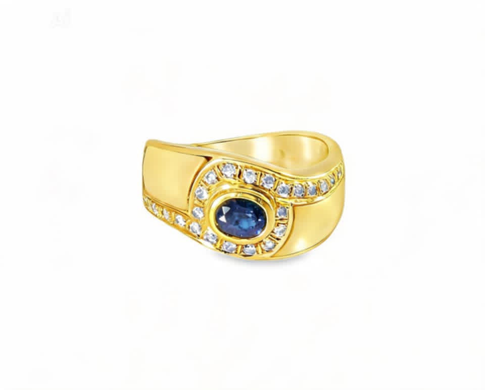 18K Yellow Gold Sapphire Diamond Mother of Pearl Ring Band