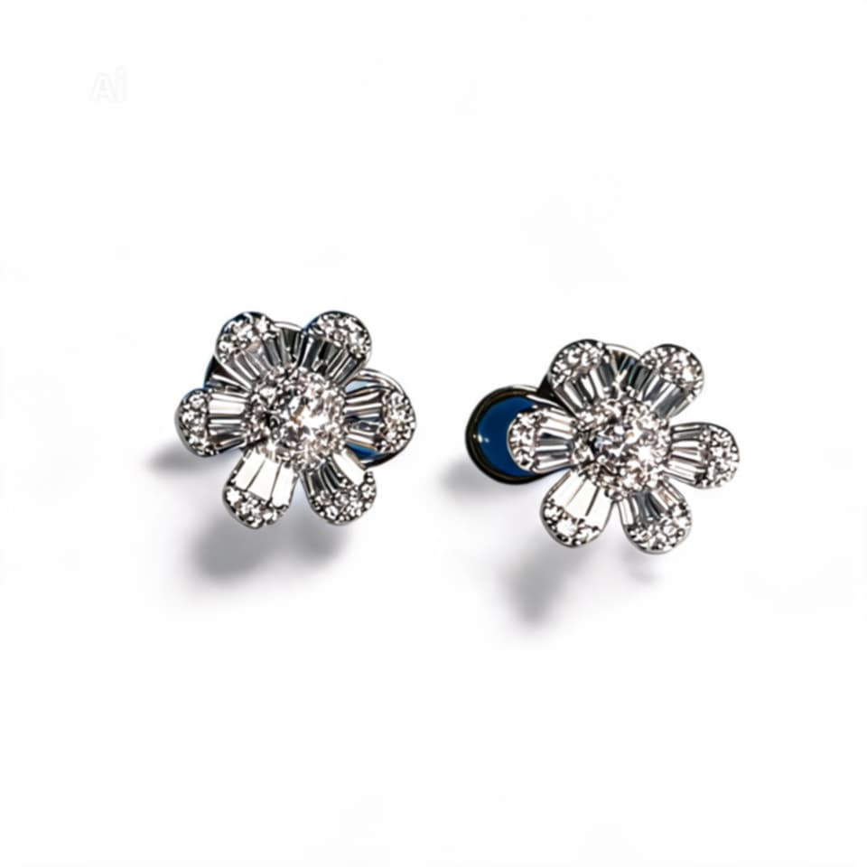 18K White Gold Baguette Diamond Floral Flower Stud Earrings Estate