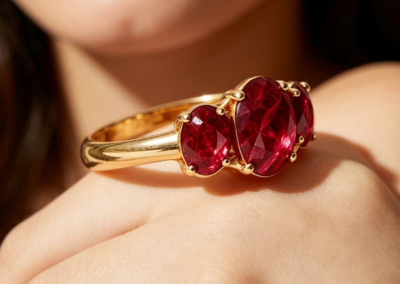 14K Yellow Gold Burma Ruby Filigree Three Stone Ring