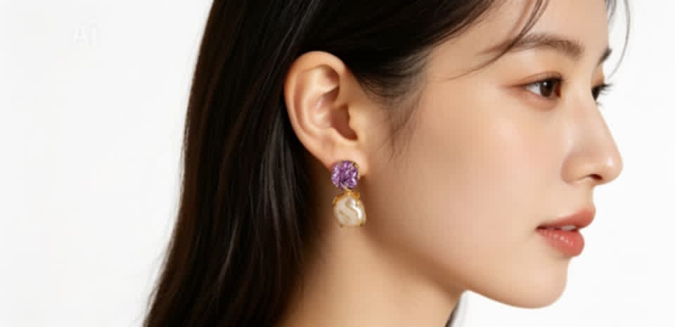 14K Gold Amethyst Baroque Pearl Earrings Estate