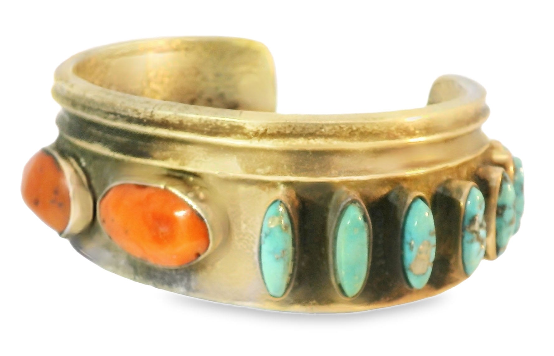 Beautiful Navajo Sterling Silver Hand Carved Turquoise Coral Bangle Bracelet - GGEMSonline