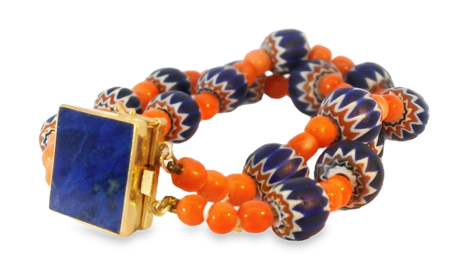 Unique 14K Yellow Gold Designer Red Undyed Coral 2-Strand Lapis Lazuli Bracelet - GGEMSonline