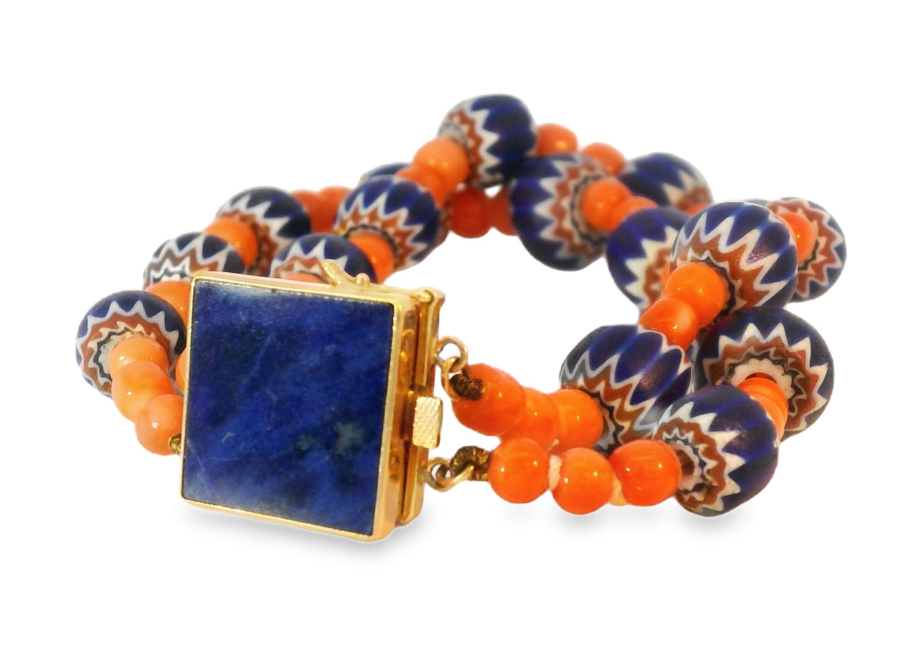 Unique 14K Yellow Gold Designer Red Undyed Coral 2-Strand Lapis Lazuli Bracelet - GGEMSonline