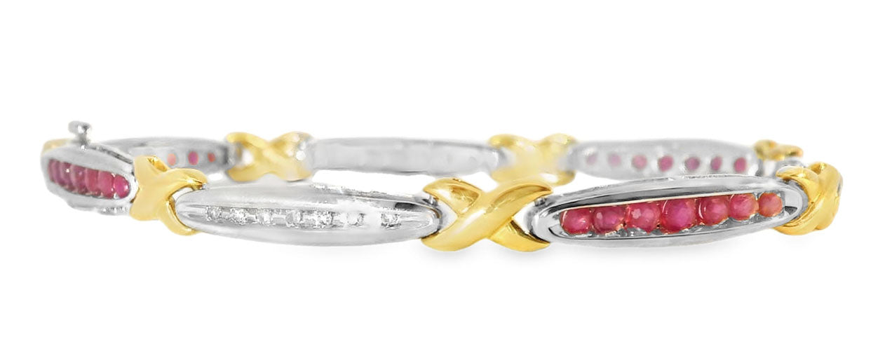 Gorgeous Estate 14K White Gold Ruby Diamond X Tennis Bracelet - GGEMSonline