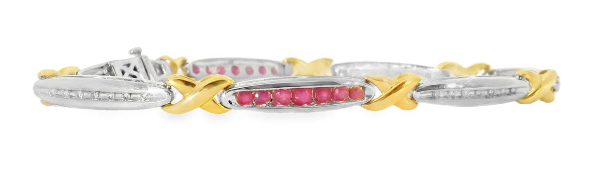Gorgeous Estate 14K White Gold Ruby Diamond X Tennis Bracelet - GGEMSonline