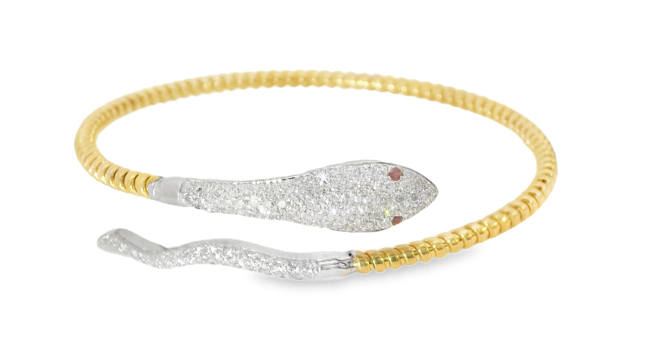Beautiful 14K Yellow Gold Diamond Snake Ruby Bangle Bracelet - GGEMSonline
