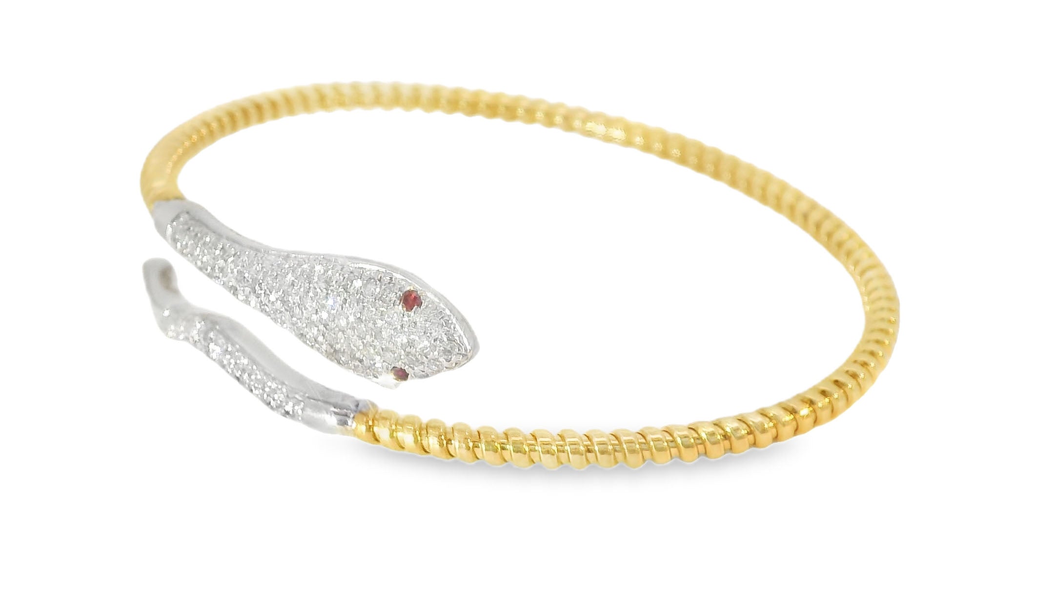 Beautiful 14K Yellow Gold Diamond Snake Ruby Bangle Bracelet - GGEMSonline