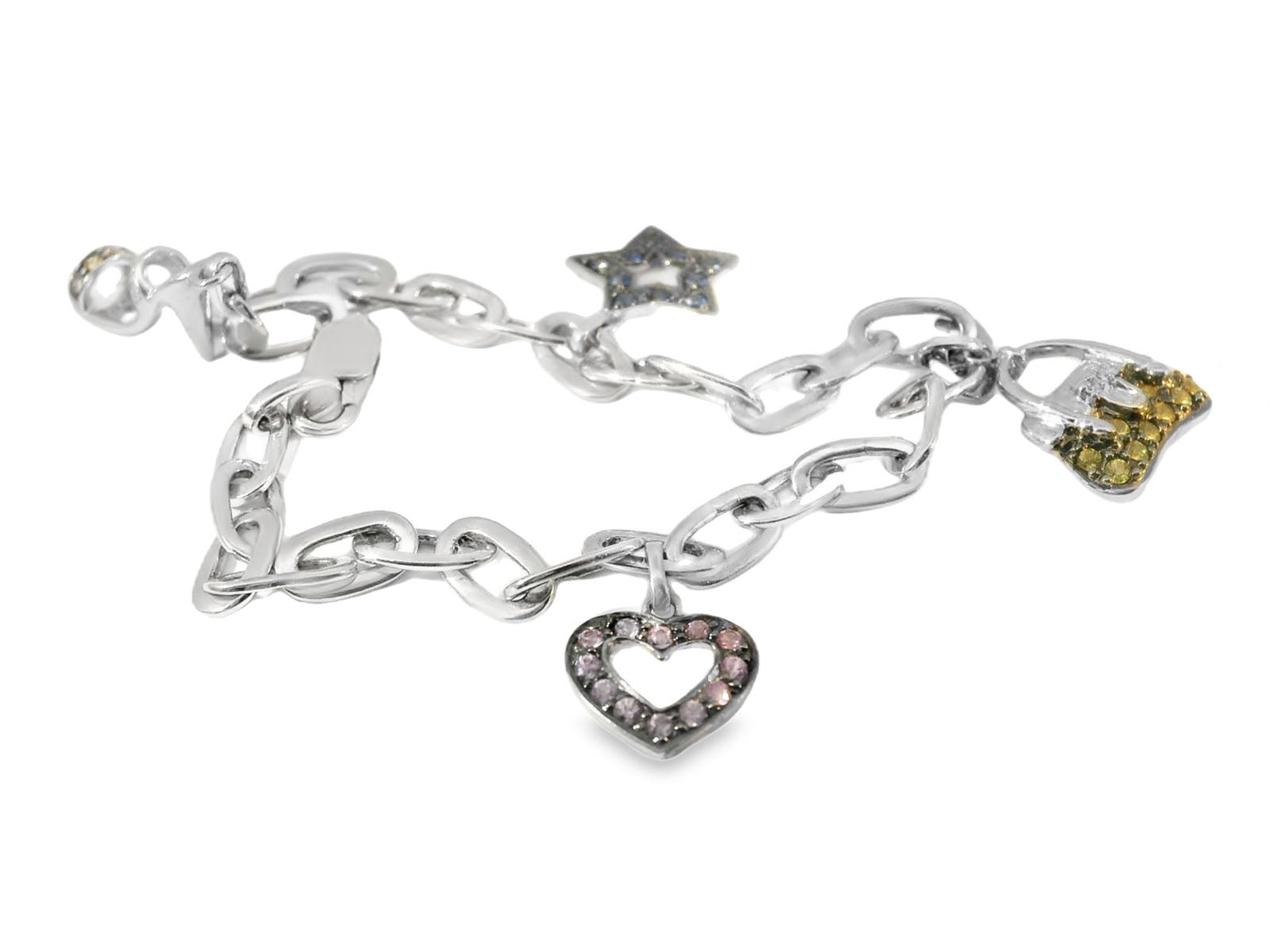 14K White Gold Star Shoe Heart Bag Multi-color Sapphire Diamond Charm Bracelet