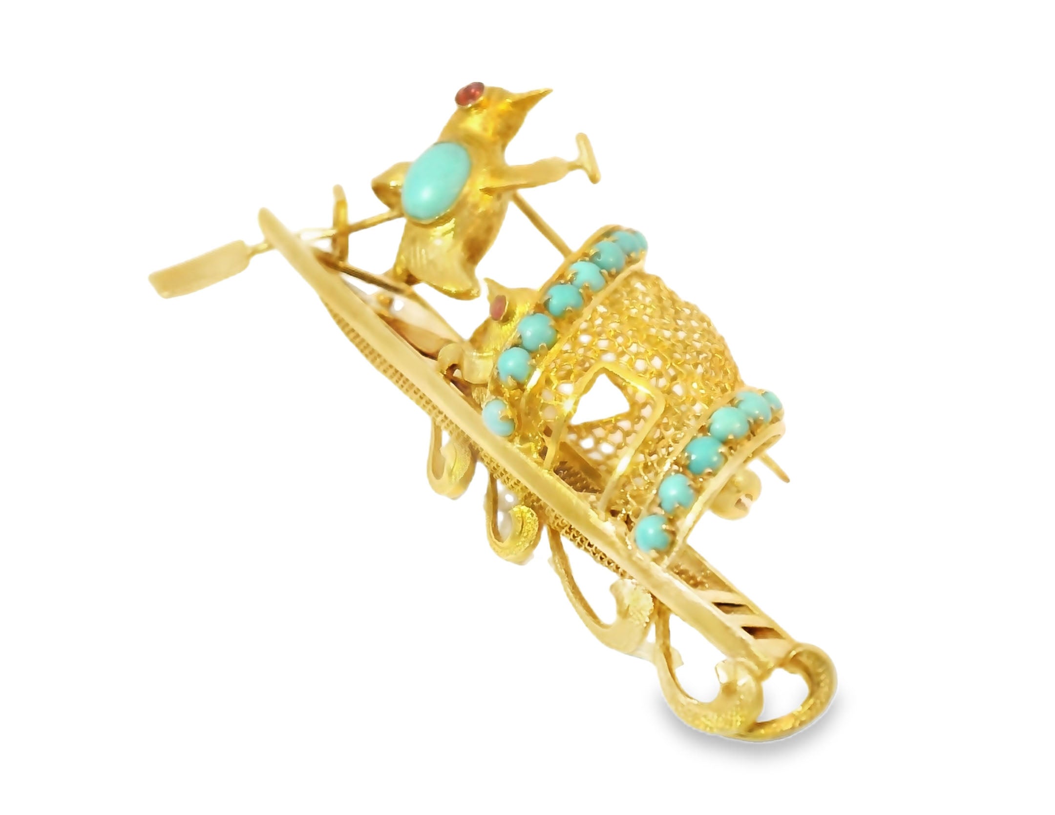 Gorgeous Designer 14K Yellow Gold Ruby Turquoise Lovebirds Boat Brooch Pin - GGEMSonline