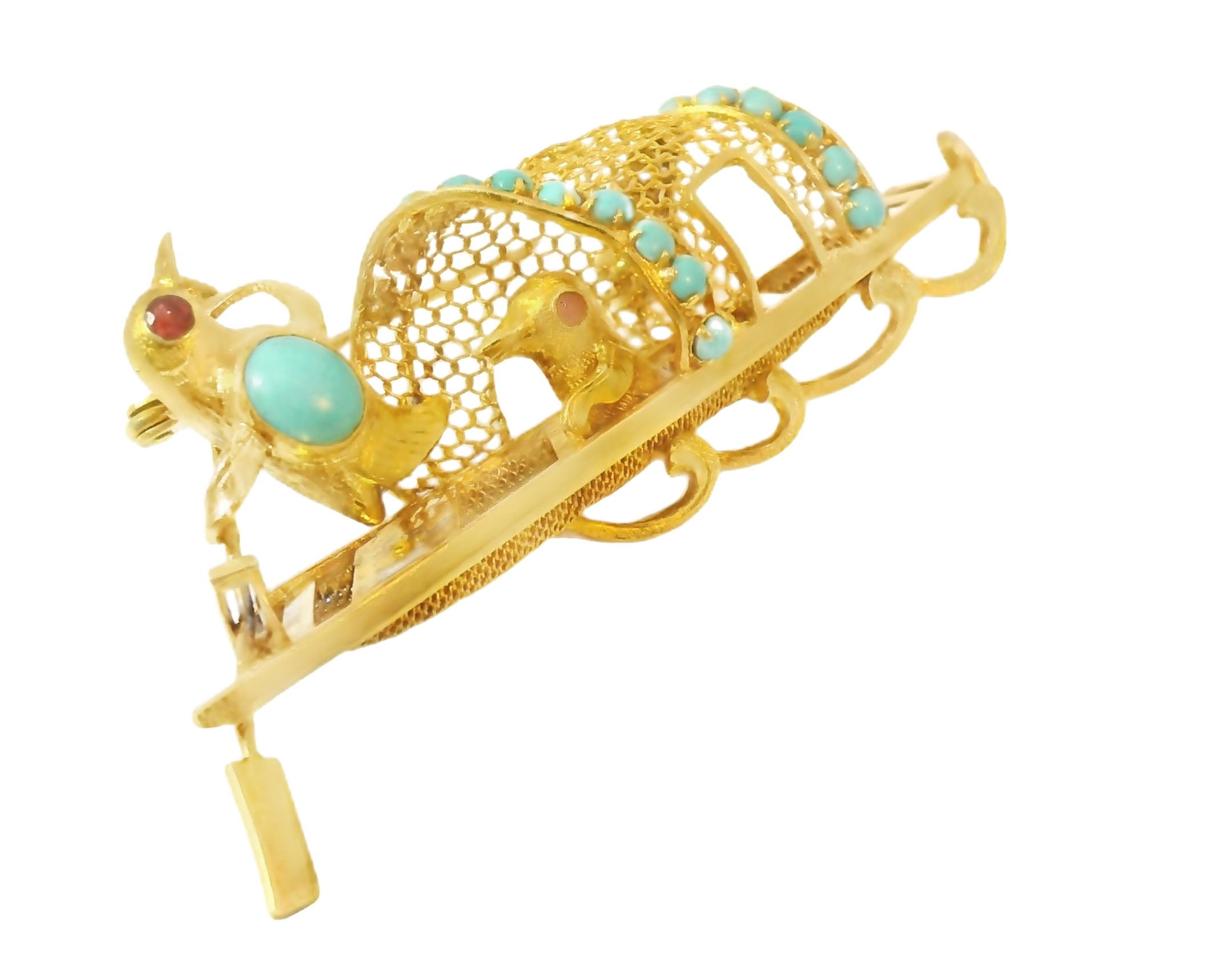 Gorgeous Designer 14K Yellow Gold Ruby Turquoise Lovebirds Boat Brooch Pin - GGEMSonline