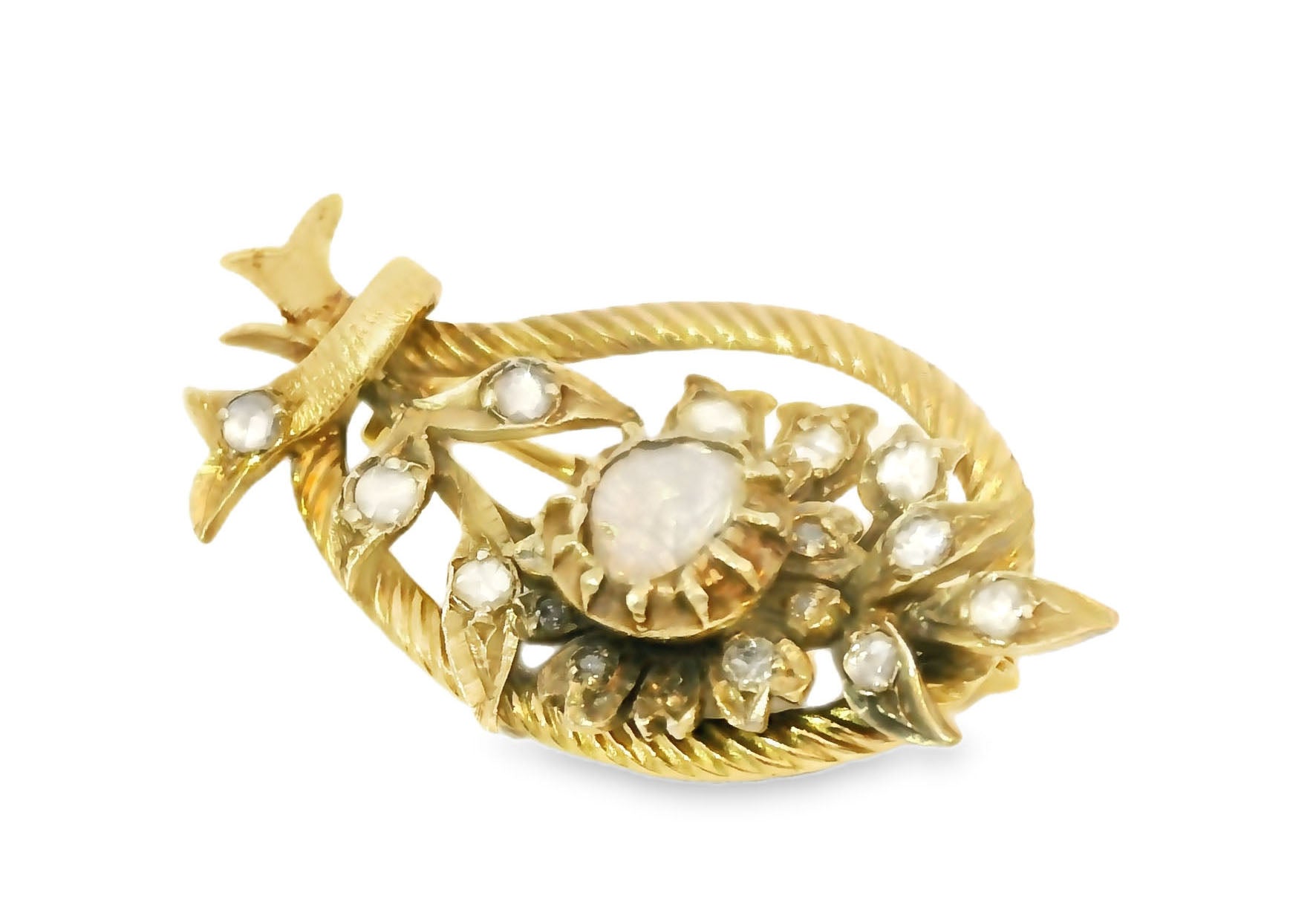 Stunning Antique 14K Yellow Gold Flower Floral Raw Diamond Brooch Pin - GGEMSonline