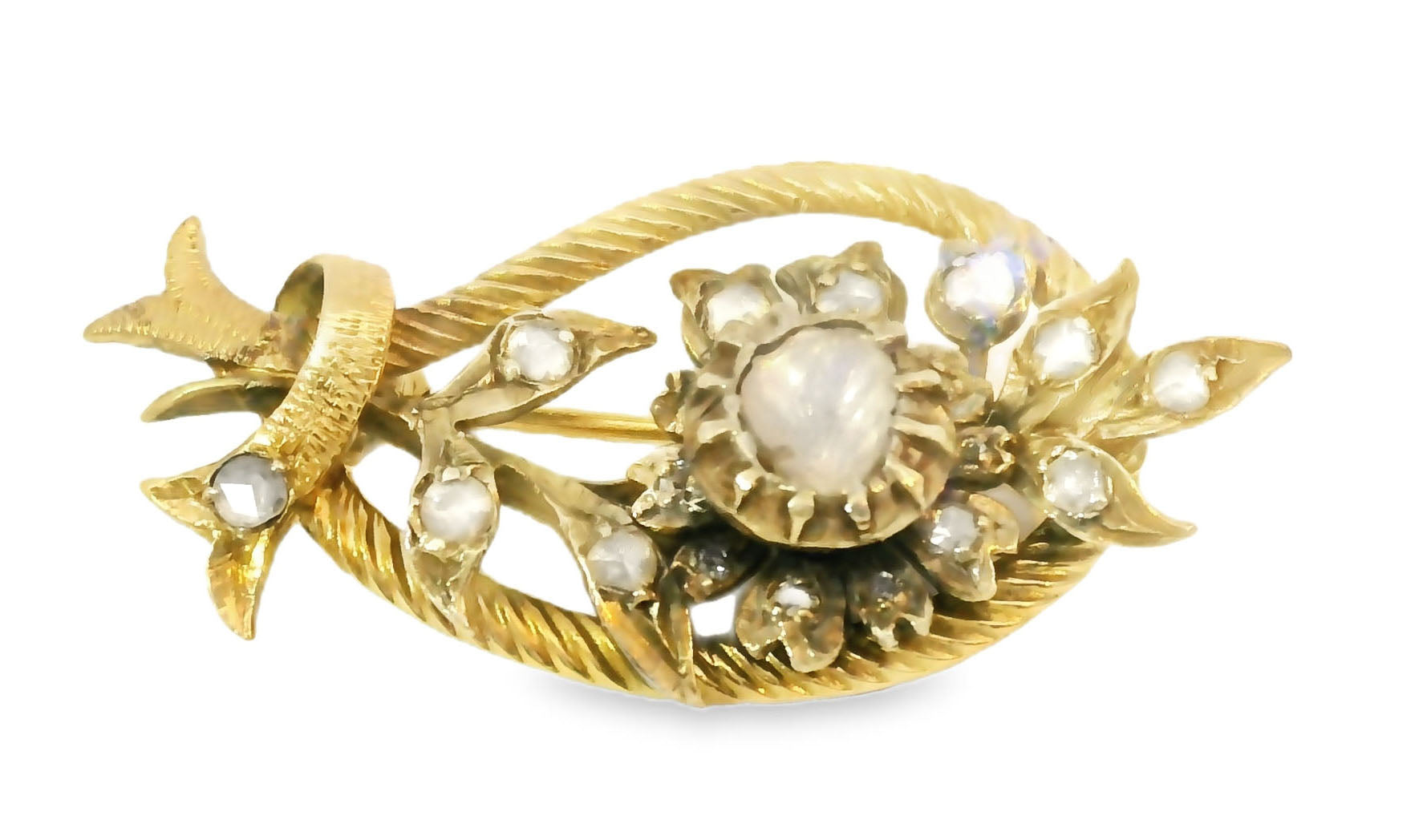 Stunning Antique 14K Yellow Gold Flower Floral Raw Diamond Brooch Pin - GGEMSonline