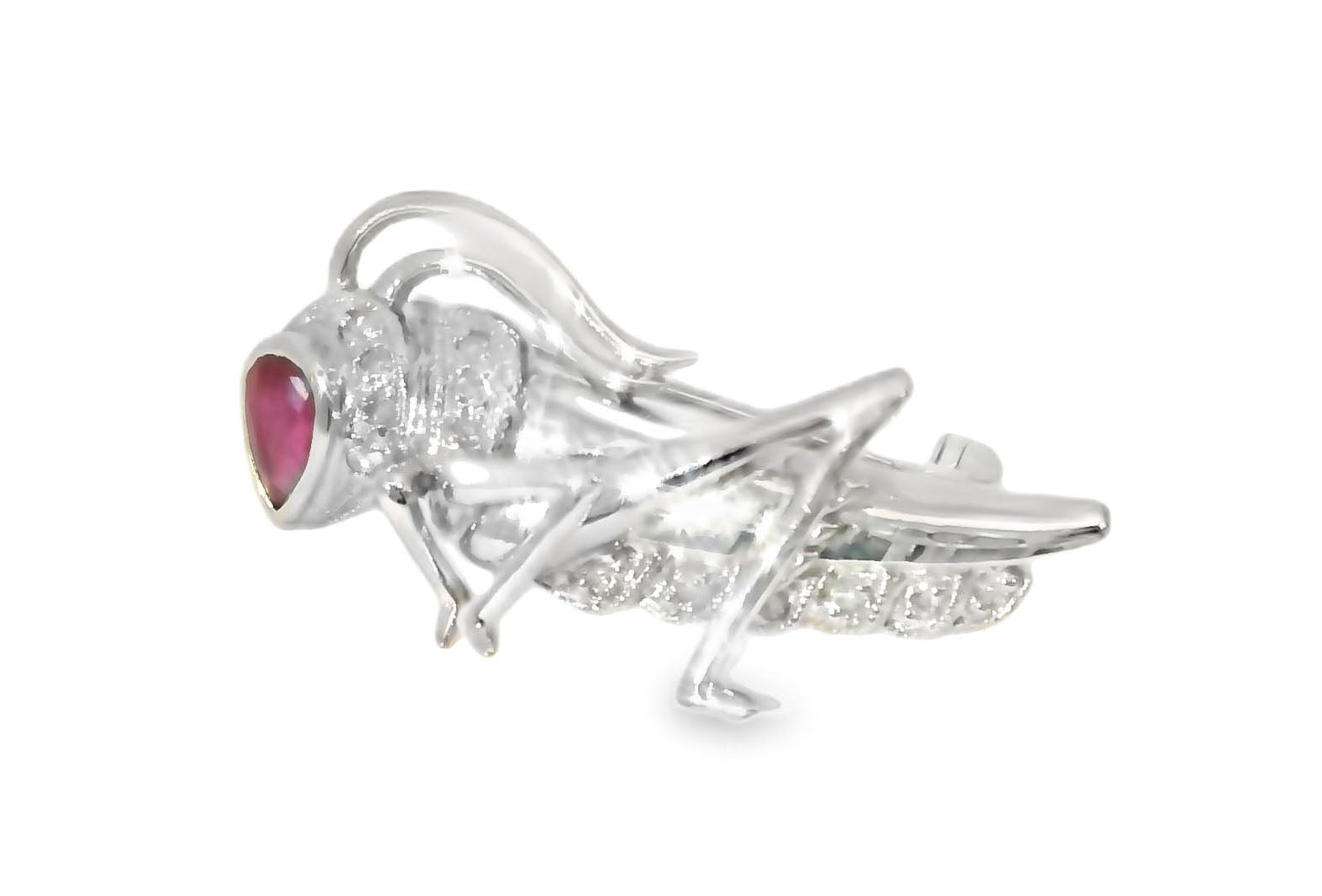 Beautiful Estate 14K White Gold Ruby Diamond Bug Grasshopper Brooch Pin - GGEMSonline