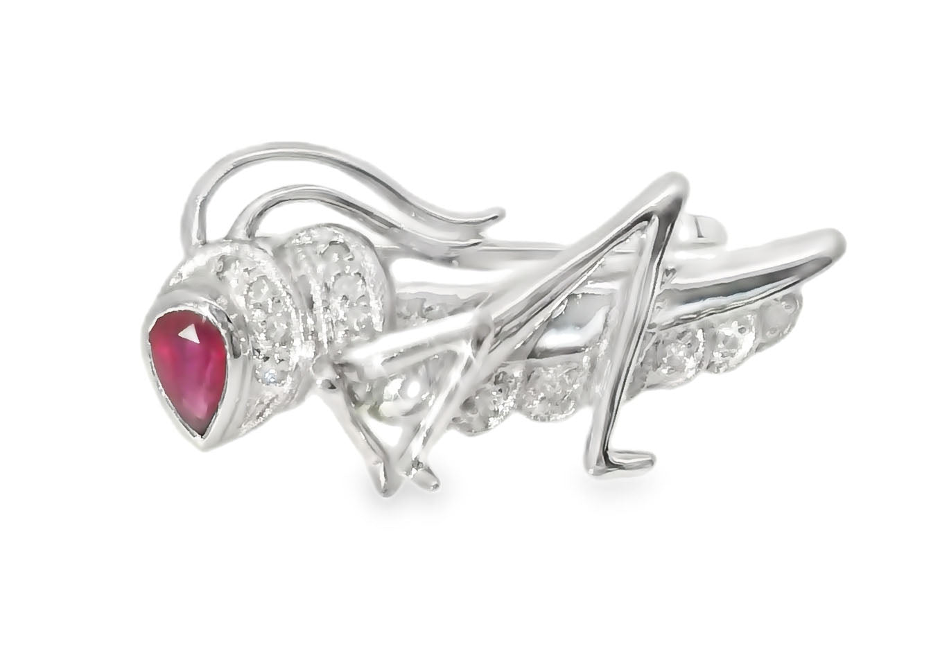 Beautiful Estate 14K White Gold Ruby Diamond Bug Grasshopper Brooch Pin - GGEMSonline