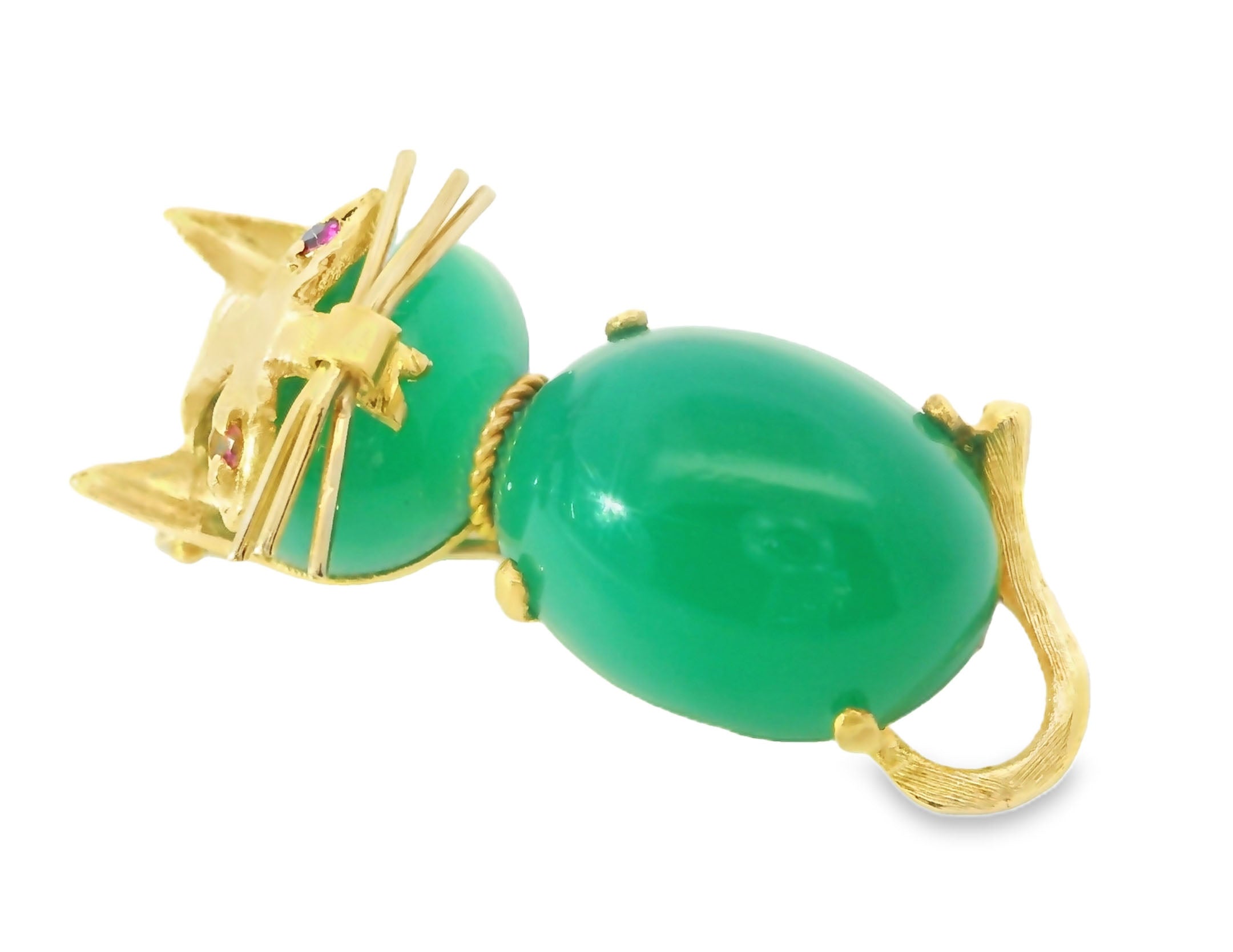 Magnificent Estate 14K Yellow Gold Green Aventurine Ruby Cat Brooch Pin - GGEMSonline