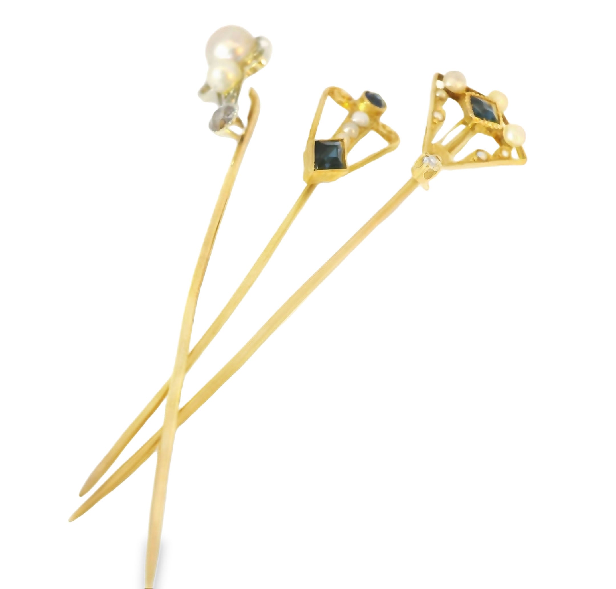 Victorian 14K Yellow White Gold Sapphire Diamond Seed Pearl Stick Pin Set - GGEMSonline