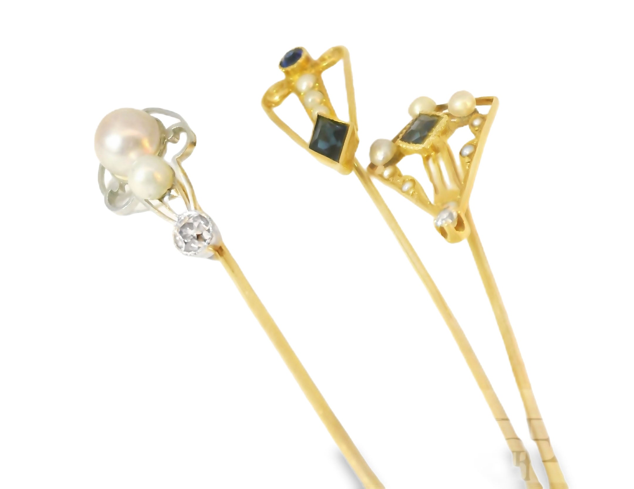 Victorian 14K Yellow White Gold Sapphire Diamond Seed Pearl Stick Pin Set - GGEMSonline
