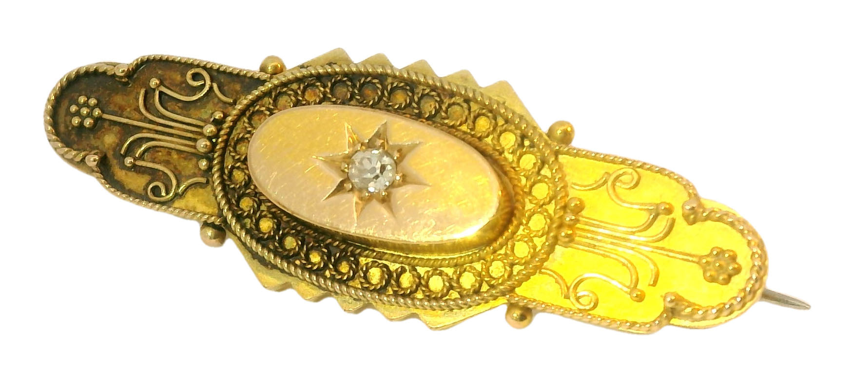 Antique Victorian 14K 15K Yellow Gold Old Mine Diamond Brooch Bar Pin - GGEMSonline