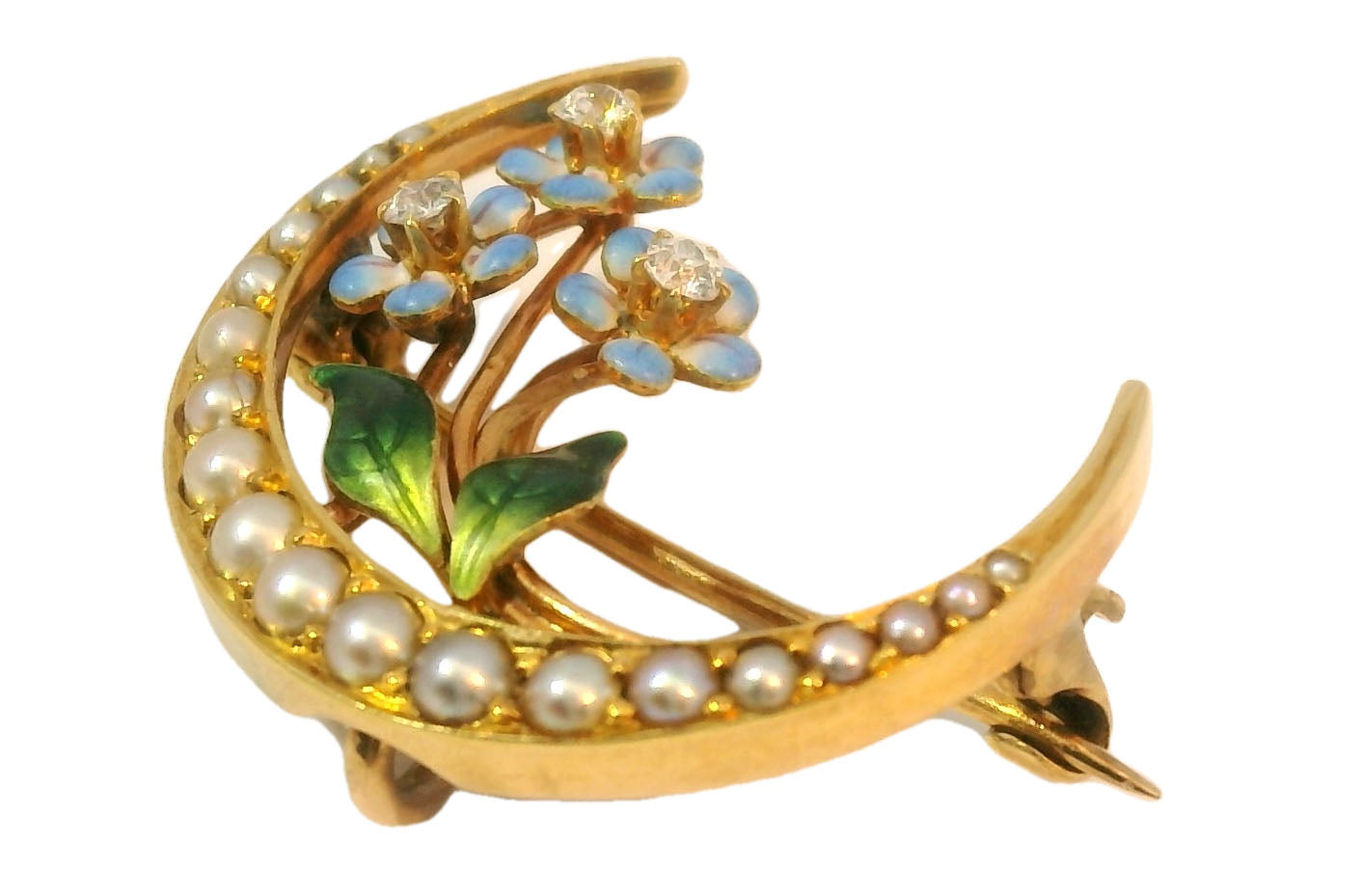 Victorian Estate 14K Yellow Gold Moon Seed Pearl Enamel Diamond Brooch Pin - GGEMSonline