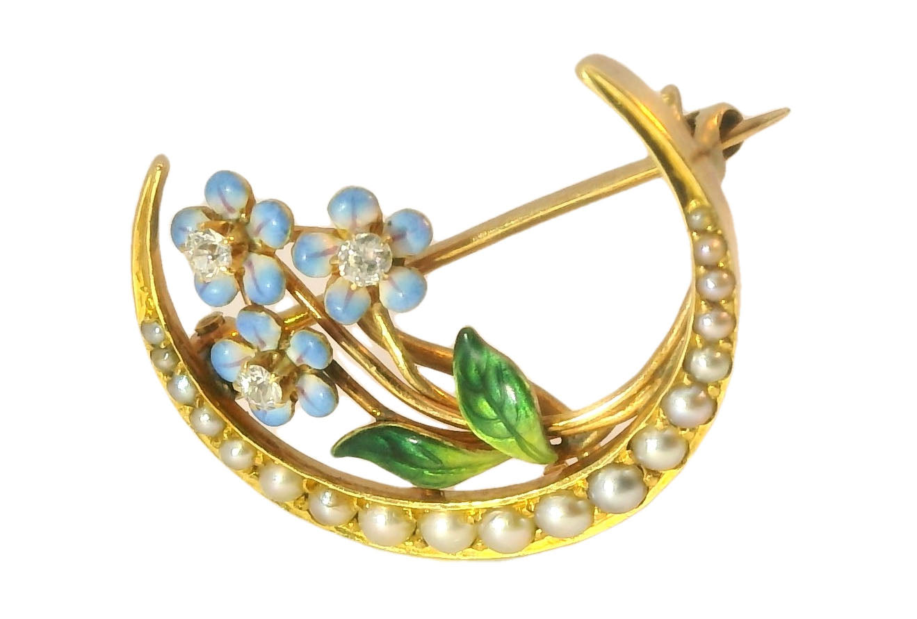 Victorian Estate 14K Yellow Gold Moon Seed Pearl Enamel Diamond Brooch Pin - GGEMSonline