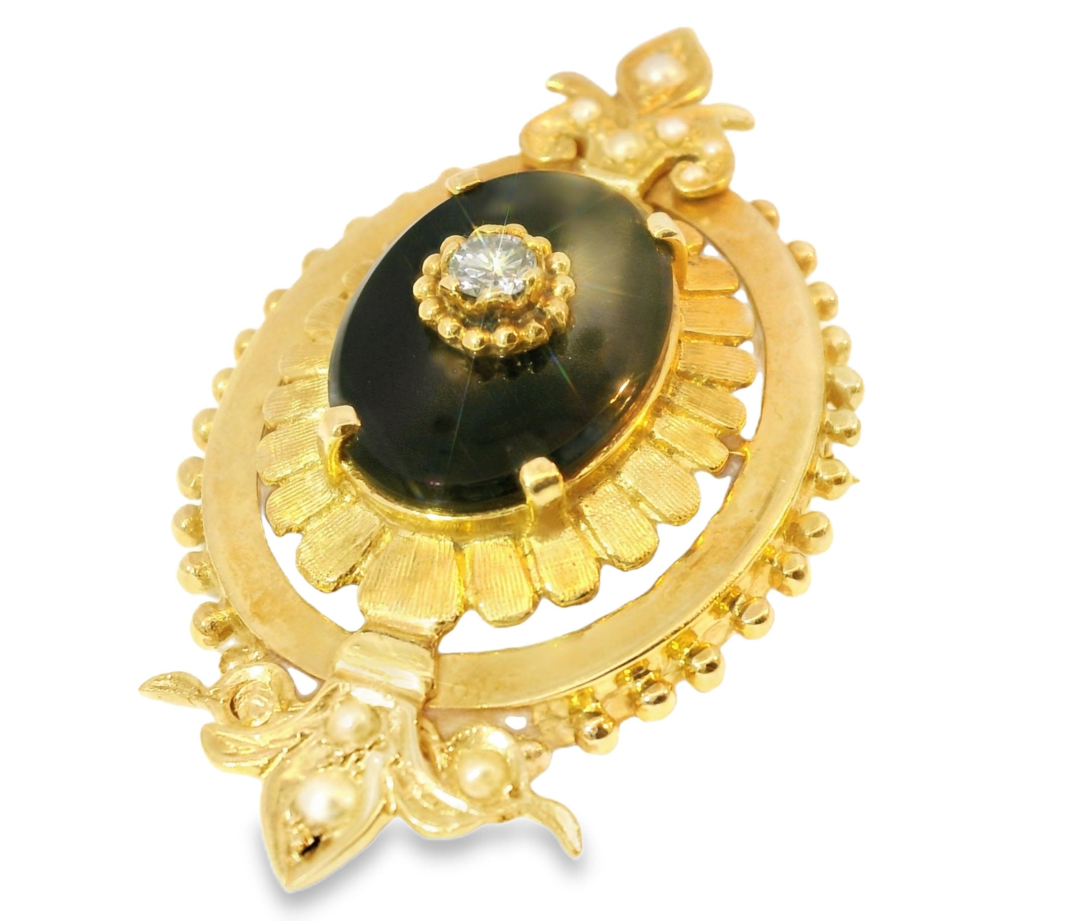 Magnificent Victorian 14K Yellow Gold Onyx Diamond Seed Pearl Pendant Brooch Pin - GGEMSonline