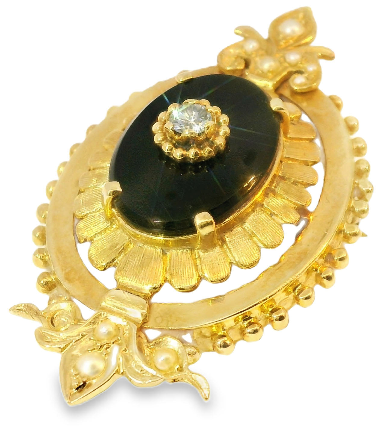 Magnificent Victorian 14K Yellow Gold Onyx Diamond Seed Pearl Pendant Brooch Pin - GGEMSonline