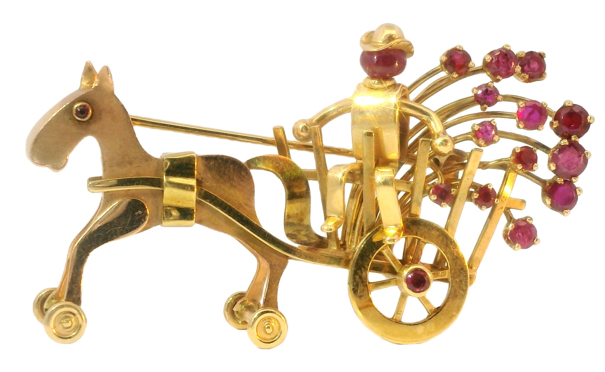 Antique 14K Gold Carriage Horse Brooch with Rubies and Movable Wheels - GGEMSonline