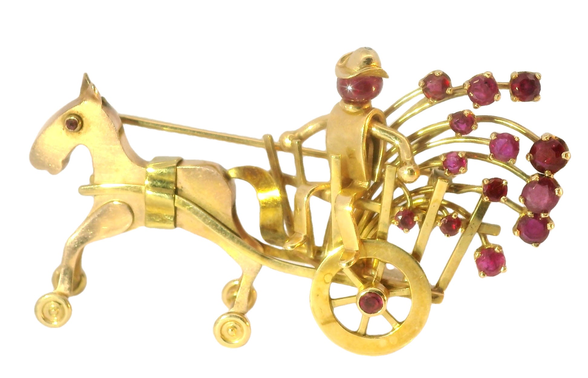Antique 14K Gold Carriage Horse Brooch with Rubies and Movable Wheels - GGEMSonline
