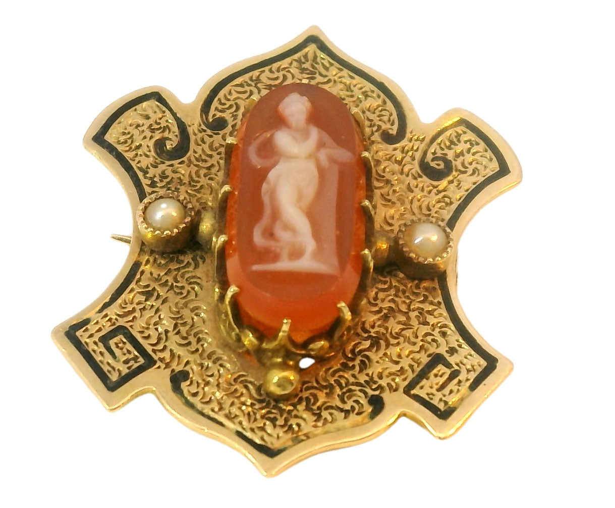 Victorian Antique 14K Yellow Gold Enamel Seed Pearl Intaglio Brooch Pin - GGEMSonline