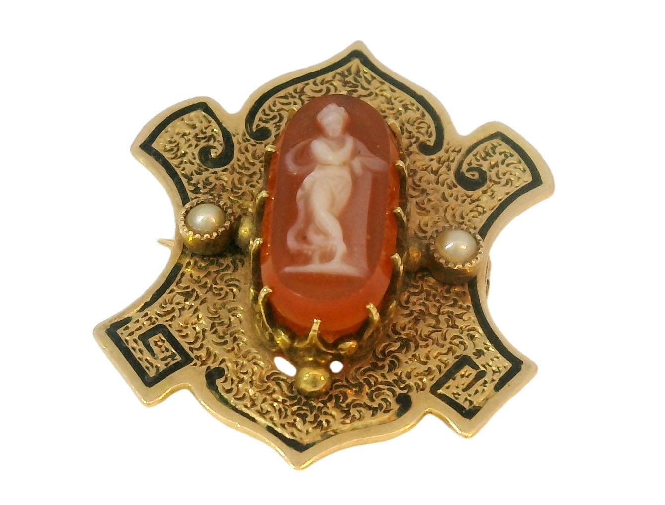 Victorian Antique 14K Yellow Gold Enamel Seed Pearl Intaglio Brooch Pin - GGEMSonline